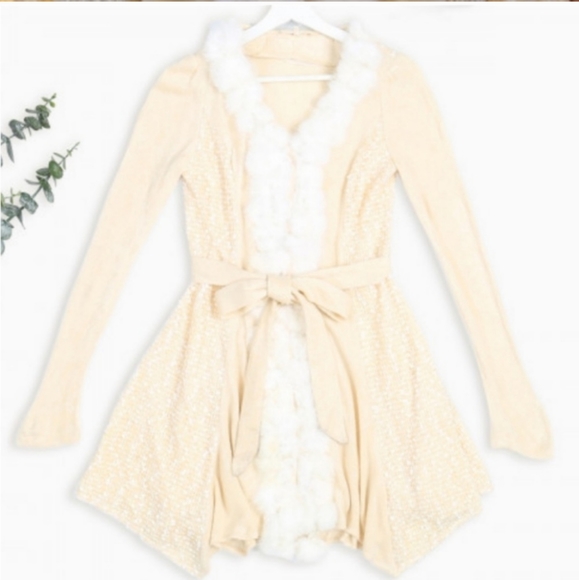 NWT Rabbit Fur Detail Fitted Long Sleeve Cardigan Ivory Cream Large - Picture 5 of 12